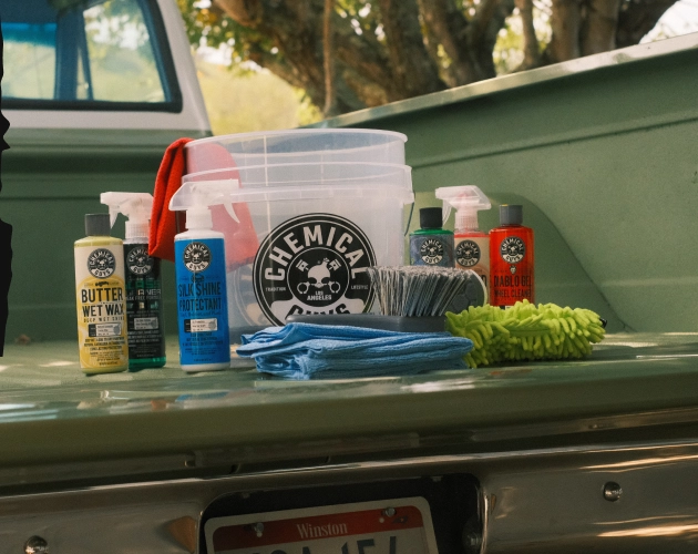 Truck Bed with cleaning supplies in it